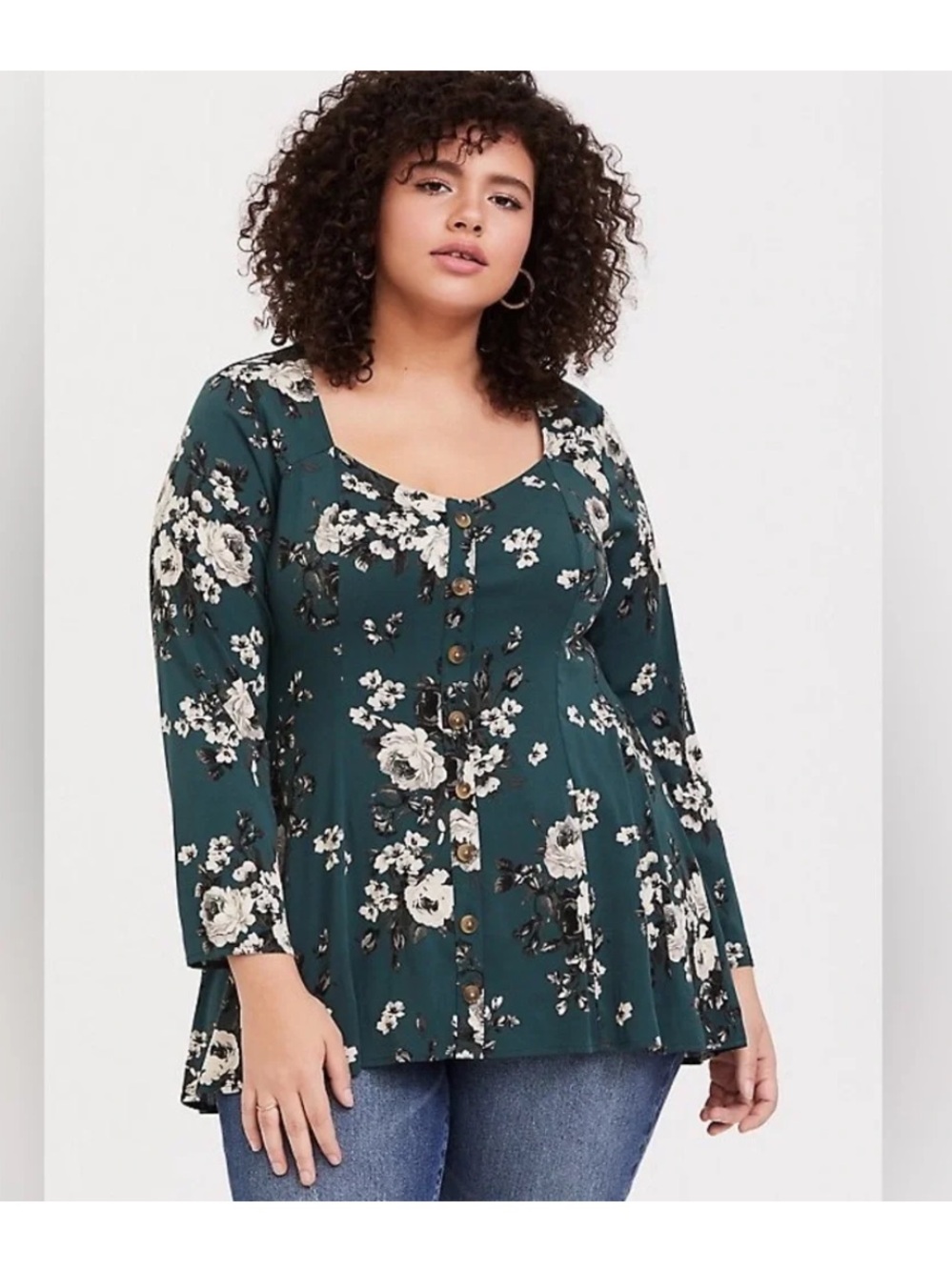 Torrid 1X Teal Floral Babydoll Top Button Front Long Sleeve